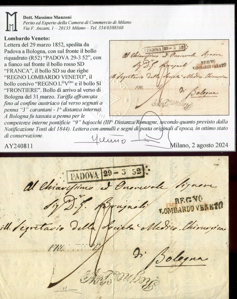 意大利古國－倫巴第-威尼托王國 1850/1852 - 伦巴第-威尼托与教皇国之间的邮政关系。帕多瓦的取消。 #4.3