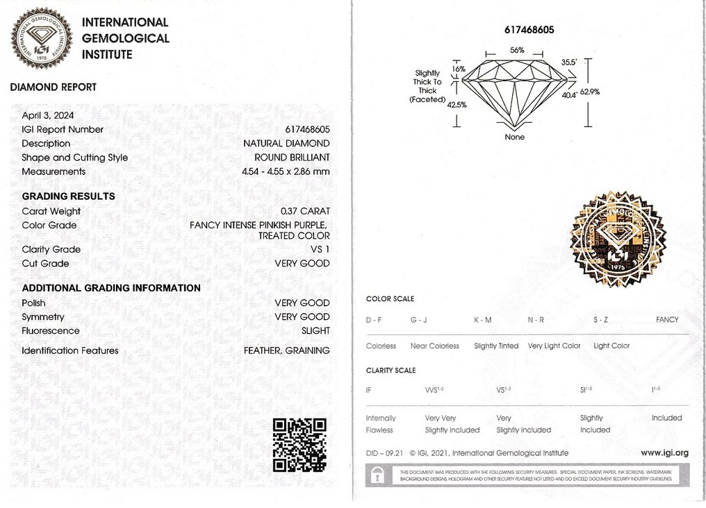 1 pcs Diamond  (Colour-treated)  - 0.37 ct - VS1 - International Gemological Institute (IGI) #4.3