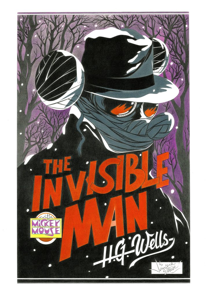 Jaume Esteve Œuvre d'art originale au crayon de couleur - Mickey Mouse as The Invisible Man (H.G. Wells) - Hand Signed #1.0
