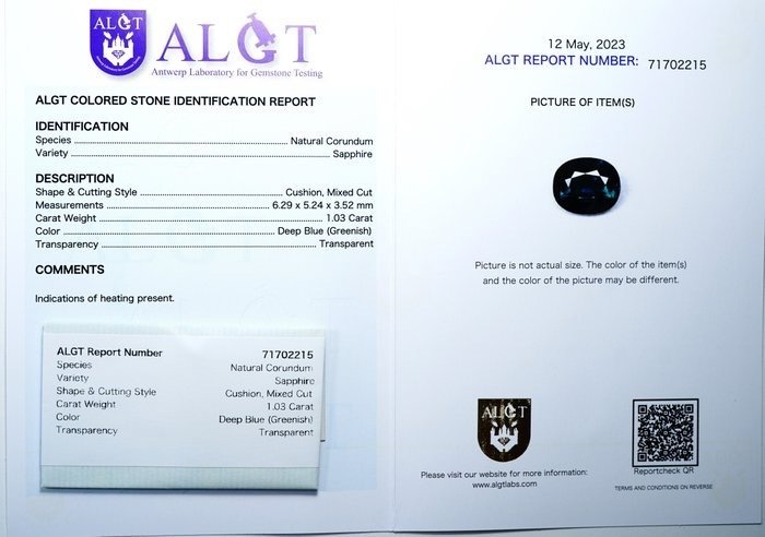 1 pcs Saffier - 1.03 ct - Antwerp Laboratory for Gemstone Testing (ALGT) #2.1