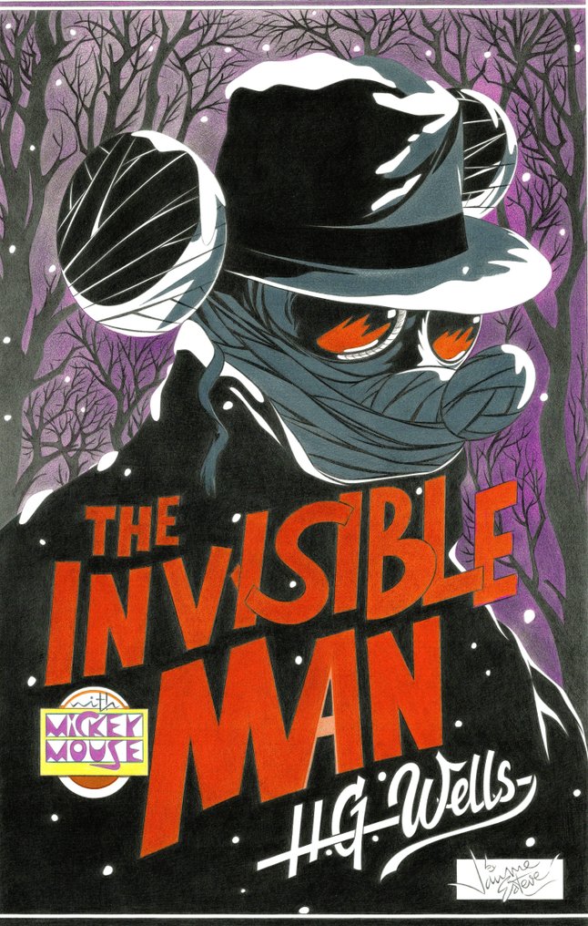 Jaume Esteve Œuvre d'art originale au crayon de couleur - Mickey Mouse as The Invisible Man (H.G. Wells) - Hand Signed #4.3
