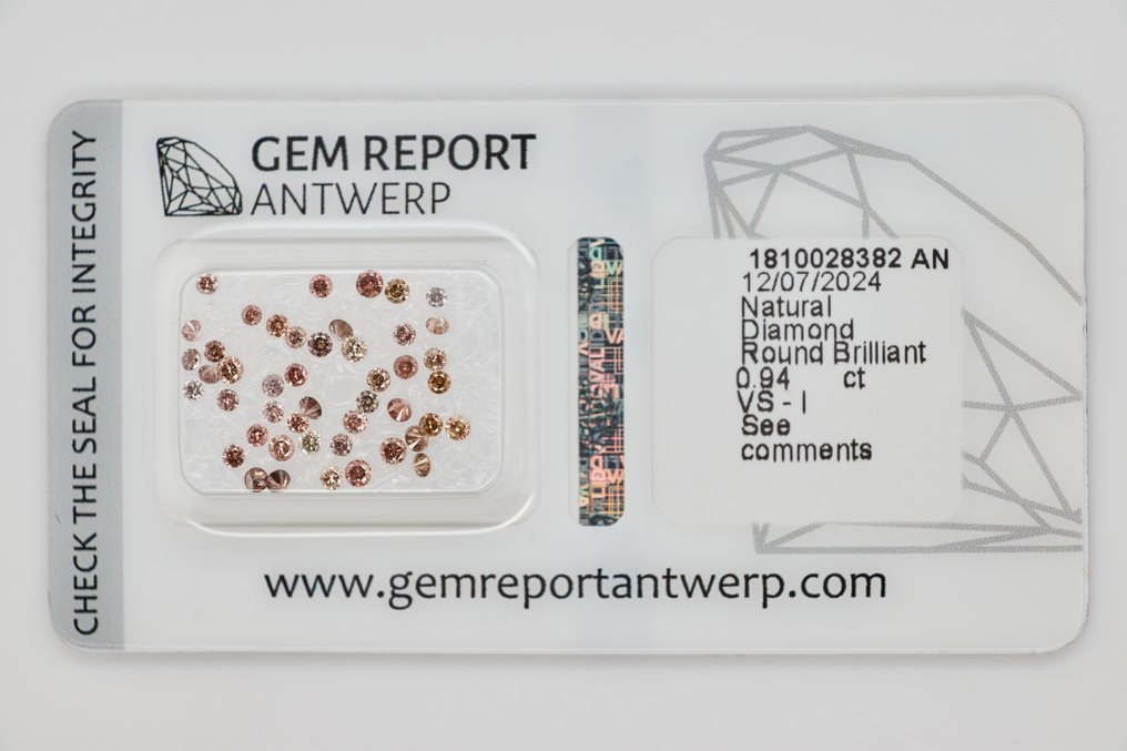 Ei pohjahintaa - 46 pcs Timantti  (Luonnonvärinen)  - 0.94 ct - Pyöreä Kellertävä, Vaaleanpunertava Ruskea - I3, VS1 - Jalokivitodistus, Antwerpen (GRA) #2.2