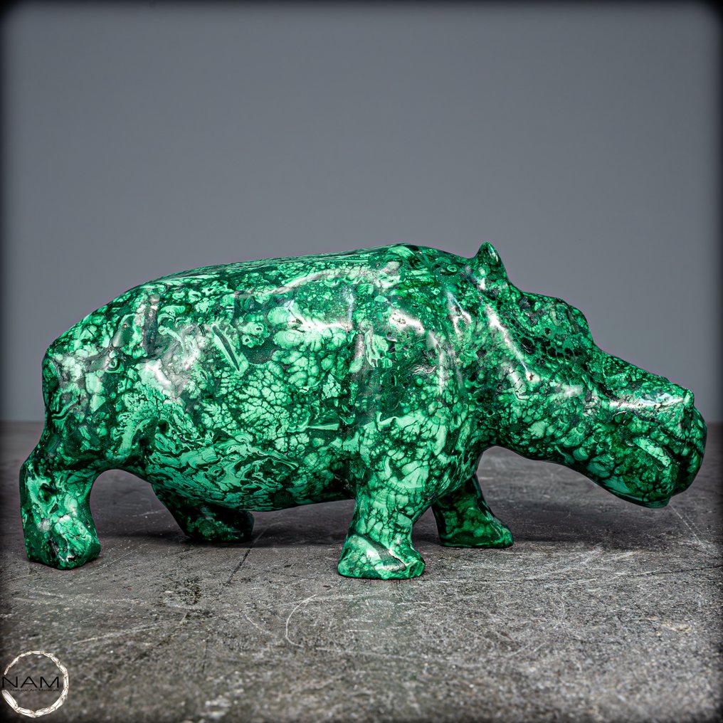 非常装饰性的天然孔雀石 河马- 982.76 g #2.1