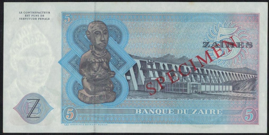 Zaire. 1 x 5 Zaire 1979 SPECIMEN - P#22s  (Sem preço de reserva) #2.1