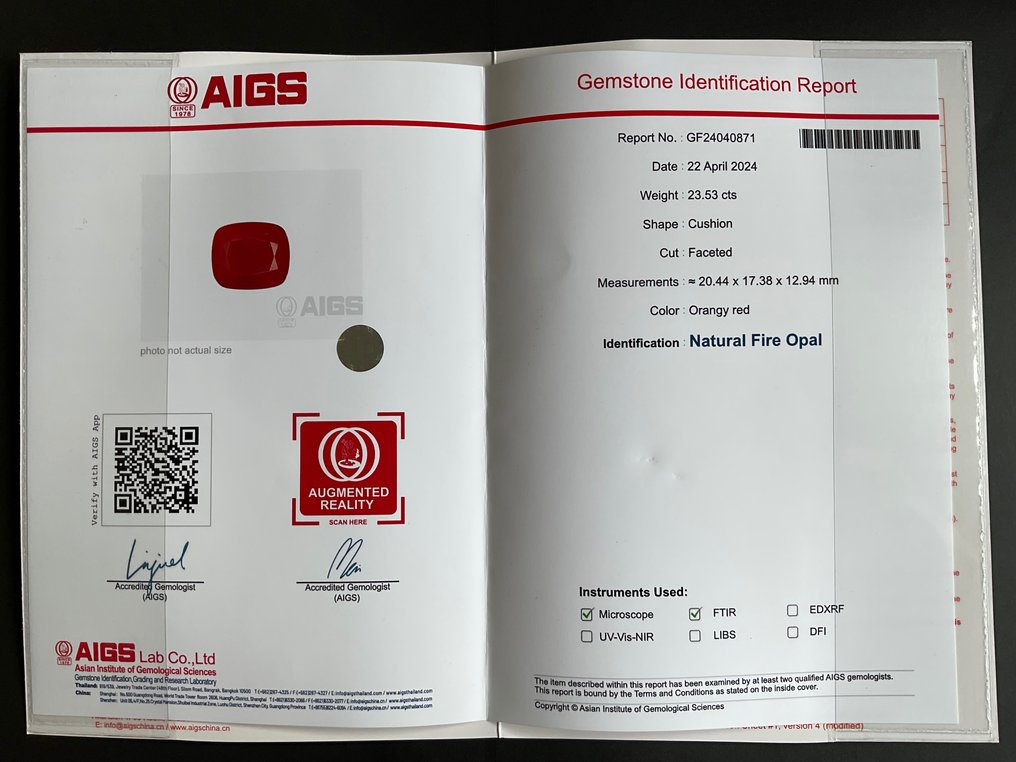 Arancione, Rosso Opale di fuoco - 23.53 ct - Asian Institute of Gemological Sciences (AIGS) - opale di fuoco ardente #1.0
