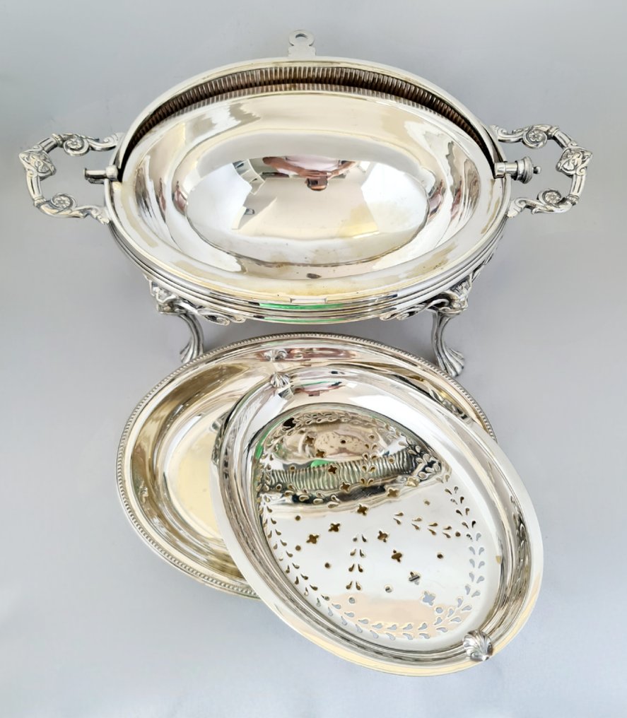 Servierschüssel - Large Late 19th Century English Roll Top Breakfast Server - Versilbert #2.1