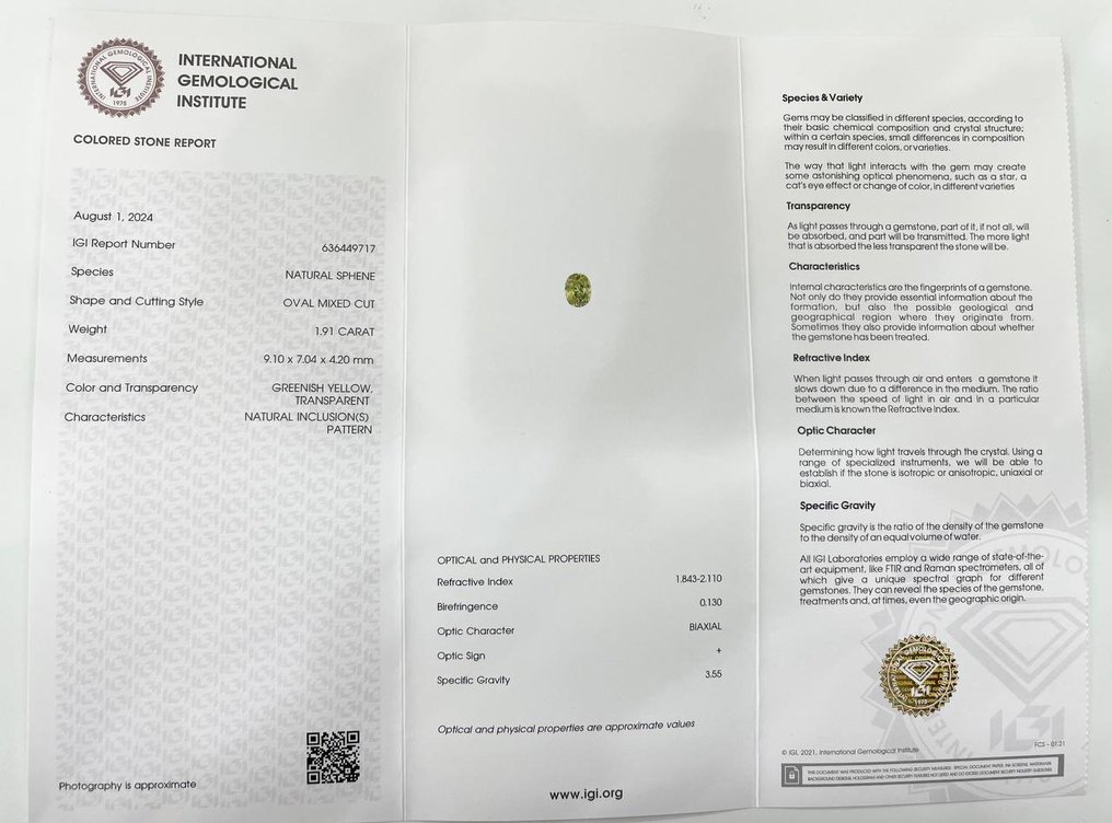 没有保留价 黄色, 绿色 榍石  - 1.91 ct - 国际宝石研究院（IGI） - IGI Certified #2.1