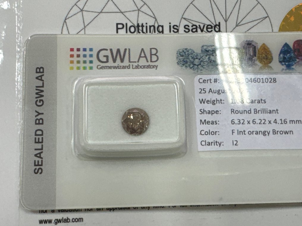 No Reserve Price - 1 pcs Diamond  (Natural coloured)  - 1.08 ct - Round - Fancy intense Orangy Brown - I2 - Gemewizard Gemological Laboratory (GWLab) #1.1