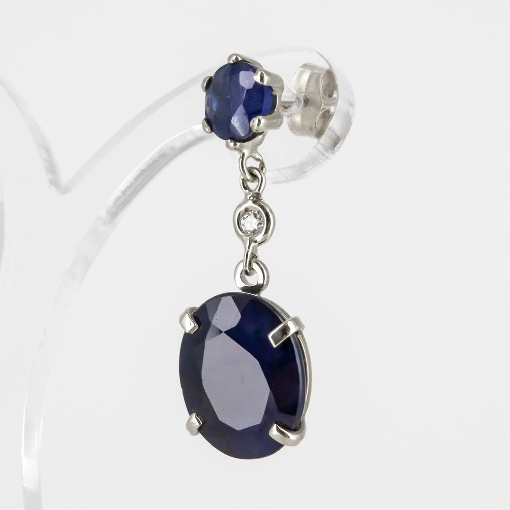 Drop fülbevaló - 18 kt. Fehér arany Zafír - Gyémánt #2.1