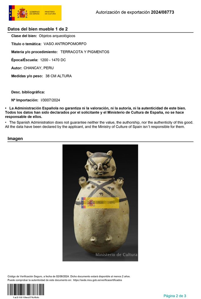 Chancay Teracotă Vas globular figurativ. 38 cm H. 1000 - 1400 d.Hr. Cu licență de export spaniolă. #2.1