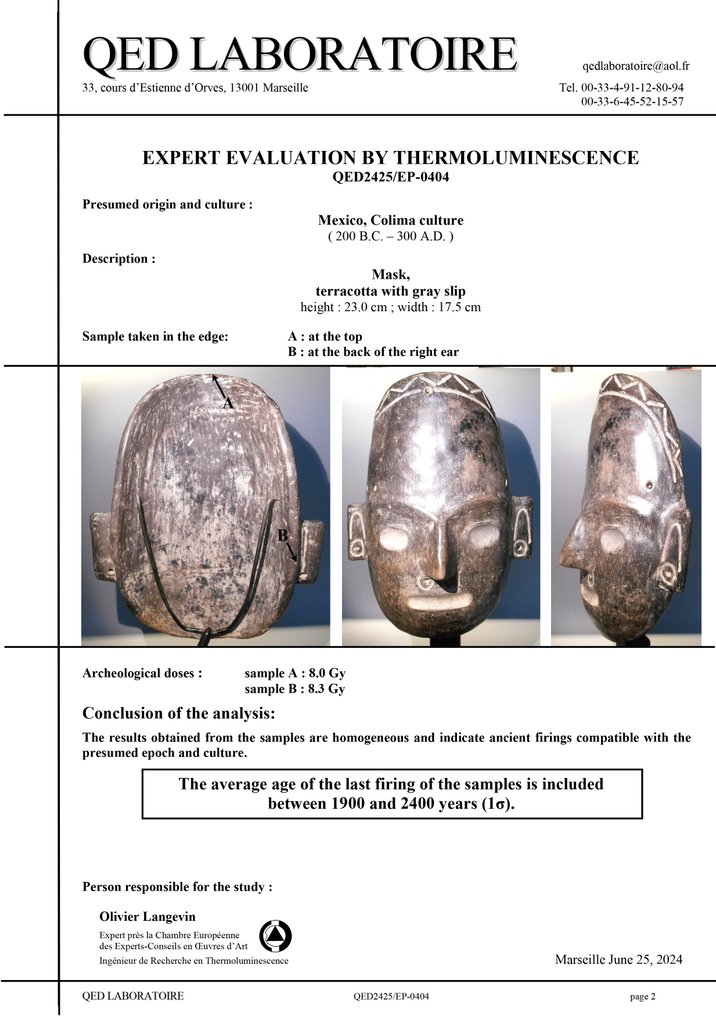 Colima, Mexico Terracotta Begrafenismasker. TL-test. GEPUBLICEERD. 24 cm L. 200 v.Chr. - 300 n.Chr. Spaanse exportvergunning. #2.1