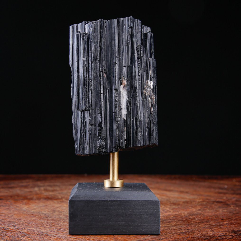 Black Tourmaline Natural Formation - Wood and Brass Base - Altezza: 195 mm - Larghezza: 78 mm- 1144 g #1.1