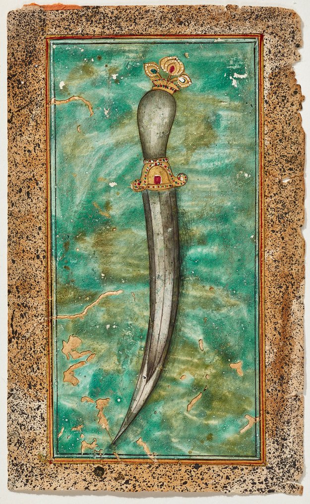 To håndmalede albumark med afbildninger af to Moghul-knife (formodentlig kommet fra - Papir, Pigment - Indien - Mogulriget (1526-1857) #1.0