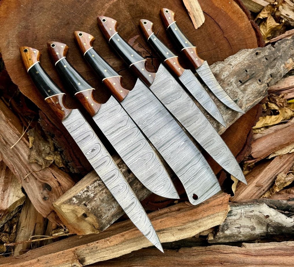 廚刀 -  厨房刀具——手工达马斯克刀具，厨房刀具，6件厨师刀套装，马卡塔木柄 - 木材 - 亞洲 #1.0