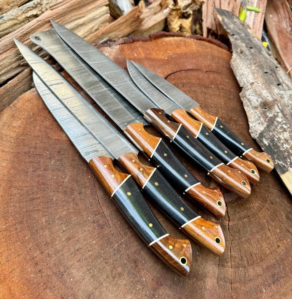 廚刀 -  厨房刀具——手工达马斯克刀具，厨房刀具，6件厨师刀套装，马卡塔木柄 - 木材 - 亞洲 #4.3