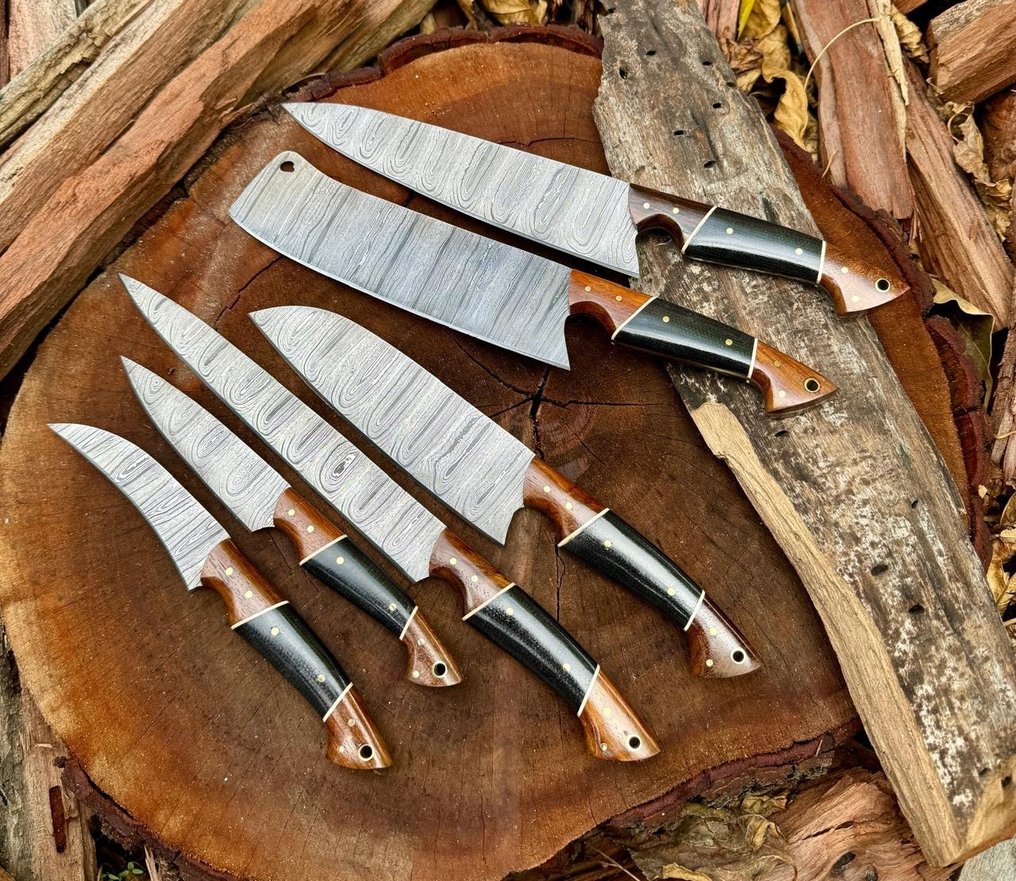 廚刀 -  厨房刀具——手工达马斯克刀具，厨房刀具，6件厨师刀套装，马卡塔木柄 - 木材 - 亞洲 #2.1