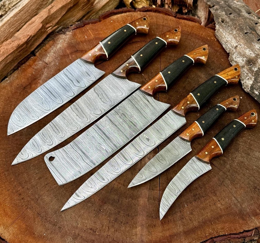 廚刀 -  厨房刀具——手工达马斯克刀具，厨房刀具，6件厨师刀套装，马卡塔木柄 - 木材 - 亞洲 #1.0