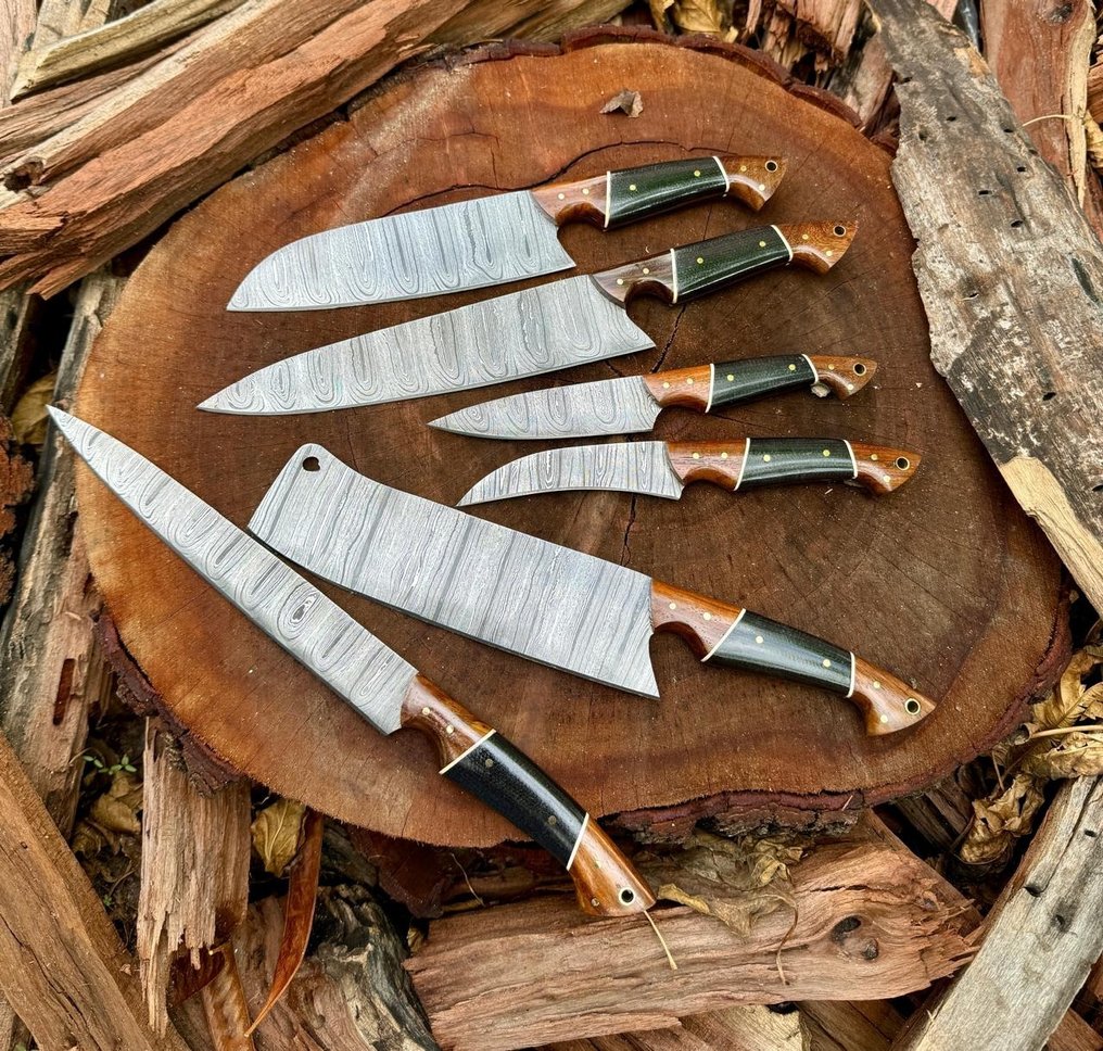 廚刀 -  厨房刀具——手工达马斯克刀具，厨房刀具，6件厨师刀套装，马卡塔木柄 - 木材 - 亞洲 #3.2