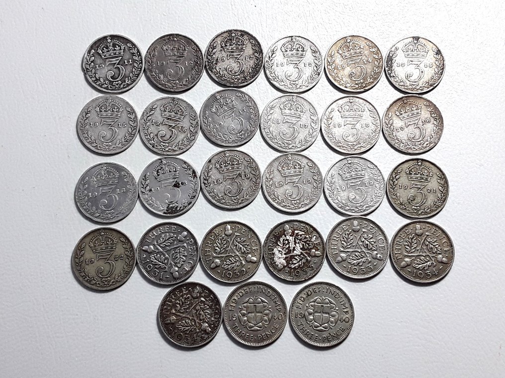 英国. A Lot of 27x Silver Threepence Coins 1911-1940  (没有保留价) #1.1