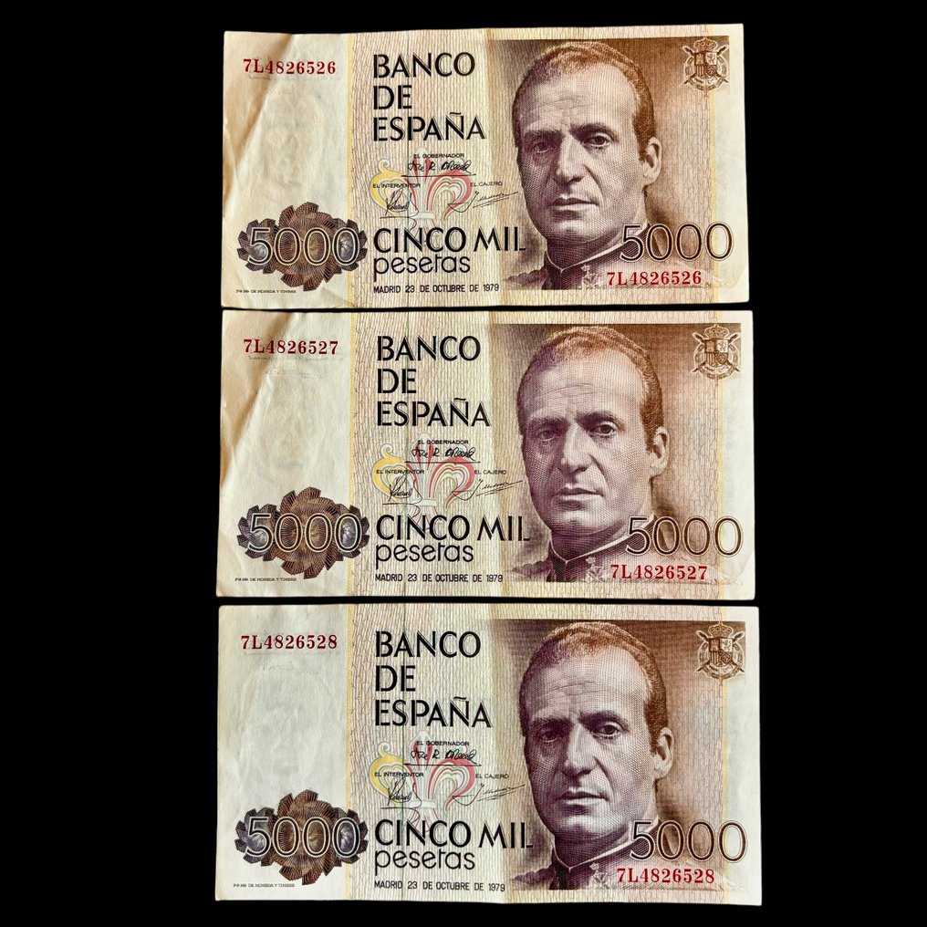 Spanien. - 3 x 5000 Pesetas - 1979 - Consecutive - Pick 160  (Utan reservationspris) #1.1