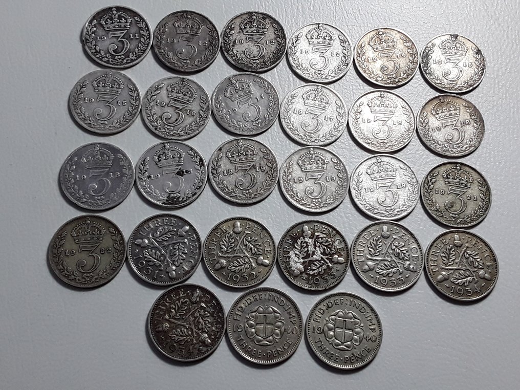 英国. A Lot of 27x Silver Threepence Coins 1911-1940  (没有保留价) #2.1