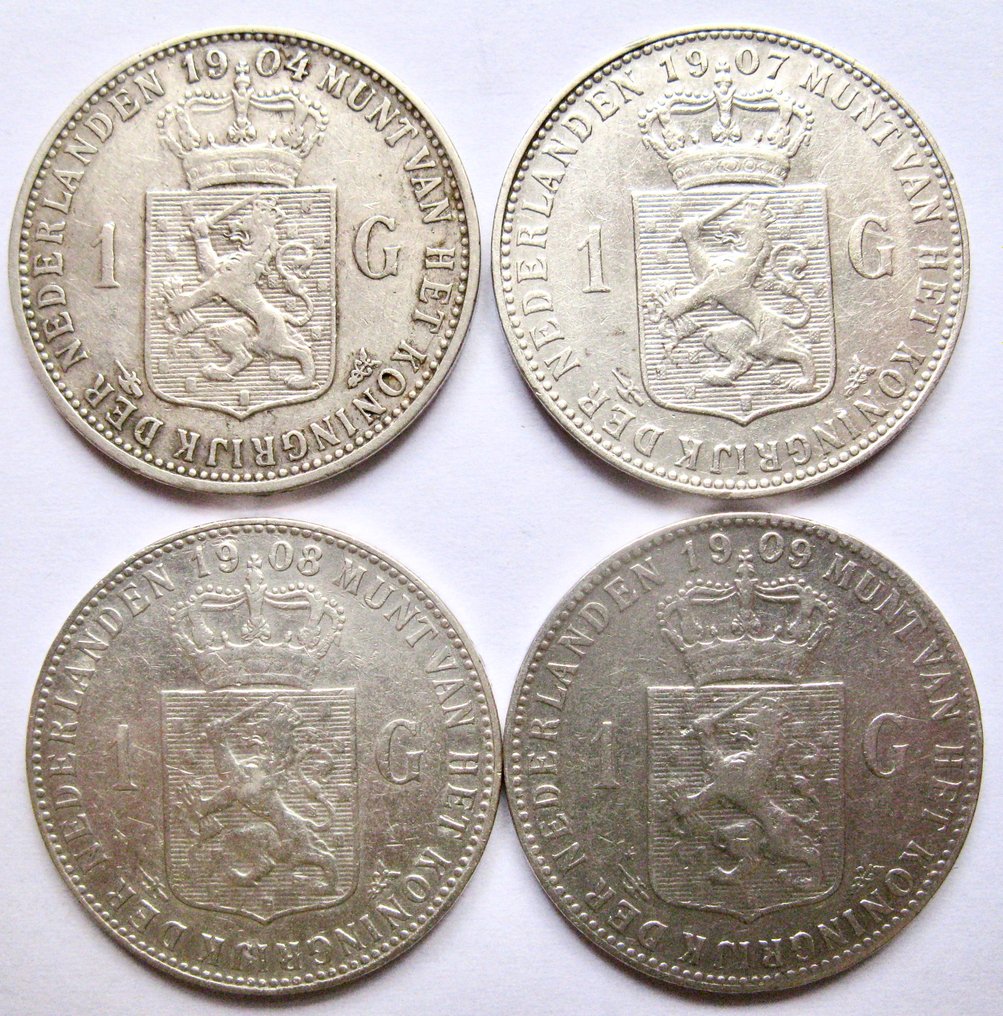 Netherlands. Wilhelmina. 1 Gulden 1904 1907 1908 en 1909 (4 verschillende jaartallen) Portret met Diadeem  (No Reserve Price) #1.1