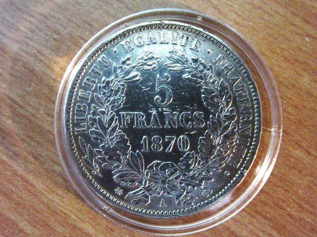 France. 3eme République  (1870-1940). 5 Francs en argent 1870-A Cérès  (Sans Prix de Réserve) #2.2