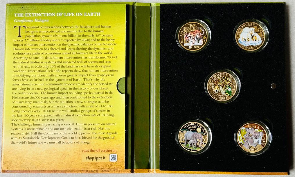 Italie. 5 Euro 2020/2024 Serie Completa "Animali in via D'estinzione" (5 monete) Proof #1.1