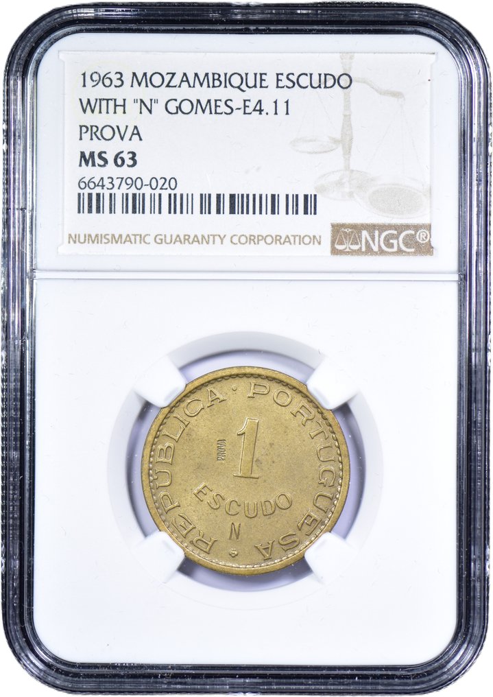 Portuguese Mozambique. Republic. 1 Escudo 1963 - Ensaio Latão - "N" e "PROVA" Incusas - NGC - MS 63 - Rara #2.1