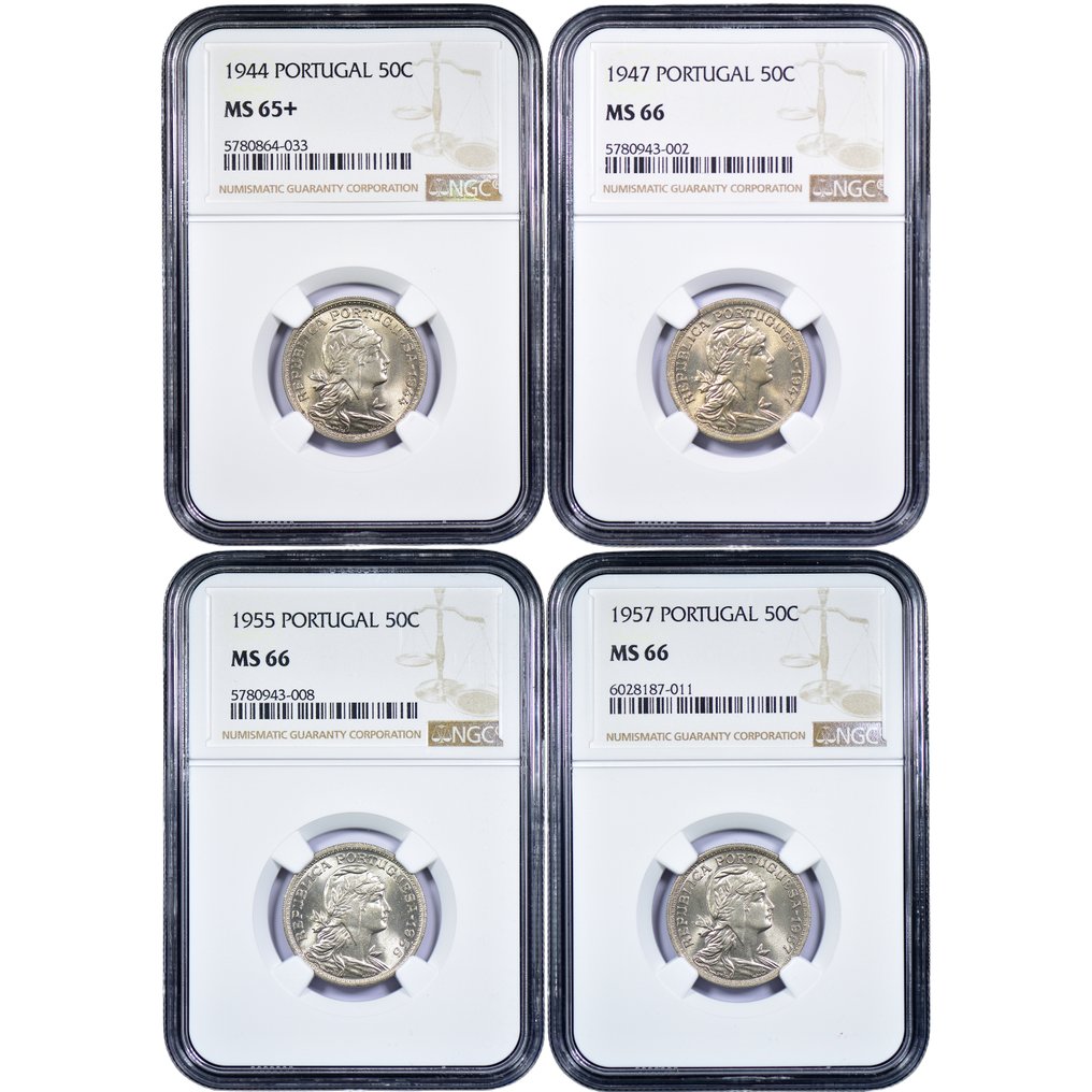 Portugal. Republic. 4 Moedas - 50 Centavos 1944, 1947, 1955 & 1957 - NGC - MS 65+ - 66 #1.1