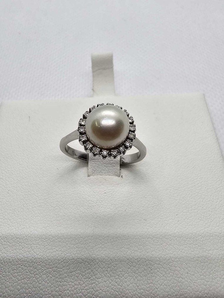 Inel - 18 ct. Aur alb - 0.18ct. tw. Diamant (Natural) - Perlă #1.0