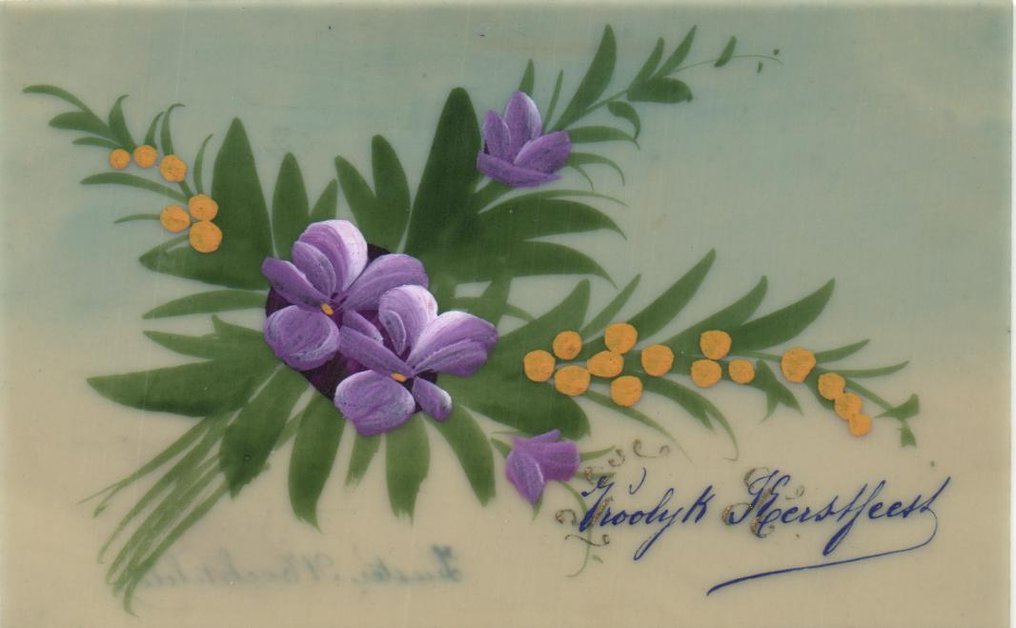 Håndlagde postkort - Med stoff, glitter, celluloid - Blomster, Patriotisme - Postkort (45) - 1900-1940 #3.2