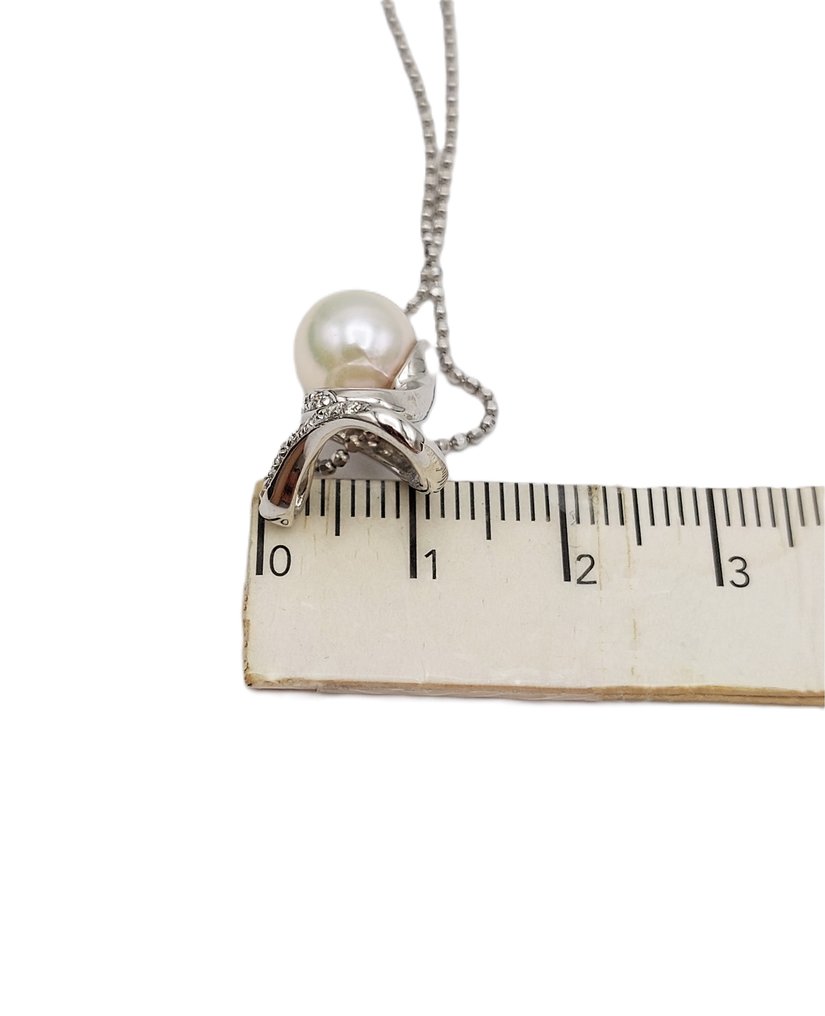 吊墜頸鏈 - 18 克拉 白金 - 0.08ct. tw. 珍珠 - 鉆石 #4.3