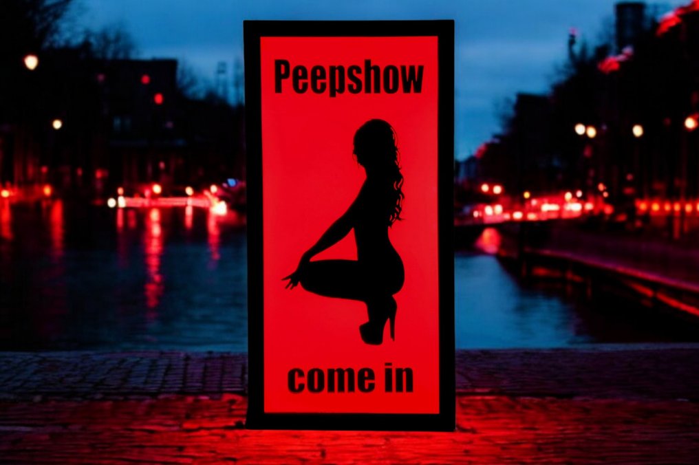 Ο Κόκκινος Φάρος του Άμστερνταμ, το Peepshow εμφανίζεται σε φωτισμένη διαφημιστική πινακίδα. - Διαφημιστική πινακίδα - Ο Οδός με το Κόκκινο Φως του Άμστερνταμ, η παρακολούθηση σε φωτισμένη διαφημιστική πινακίδα. - Χάλυβας, Πλαστικό #1.0