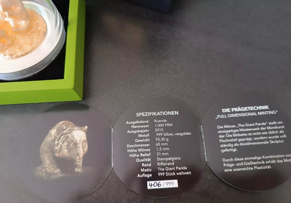 Ρουάντα. 1000 Francs 2015 Full Dimensional - Giant Panda, 3 Oz (.999) #4.3