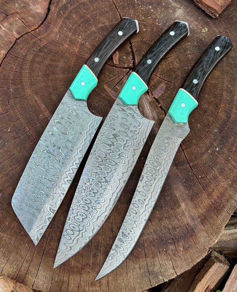 Couteau de cuisine -  Couteaux faits à la main, couteaux de cuisine, couteau de chef 3pcs, manche en bois de traversin - bois - Asie #2.1