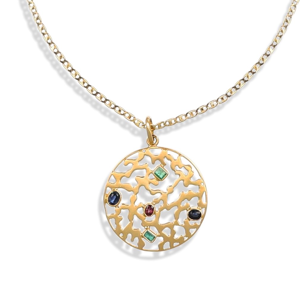 Necklace with pendant - 18 kt. Yellow gold, Emeralds - Ruby - Sapphires -  0.57ct. tw. #1.2