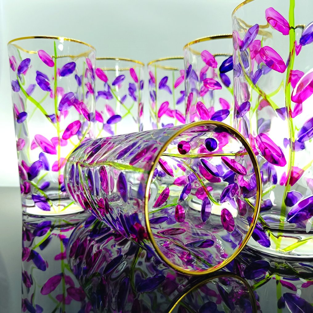 Secoloventesimo - 饮料用具 - 黄金紫水晶离开L.D。 - 24K金 - 一套六个无铅厚重水晶高脚饮料杯 #1.0