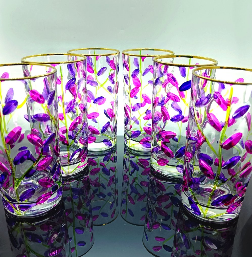 Secoloventesimo - 饮料用具 - 黄金紫水晶离开L.D。 - 24K金 - 一套六个无铅厚重水晶高脚饮料杯 #4.3