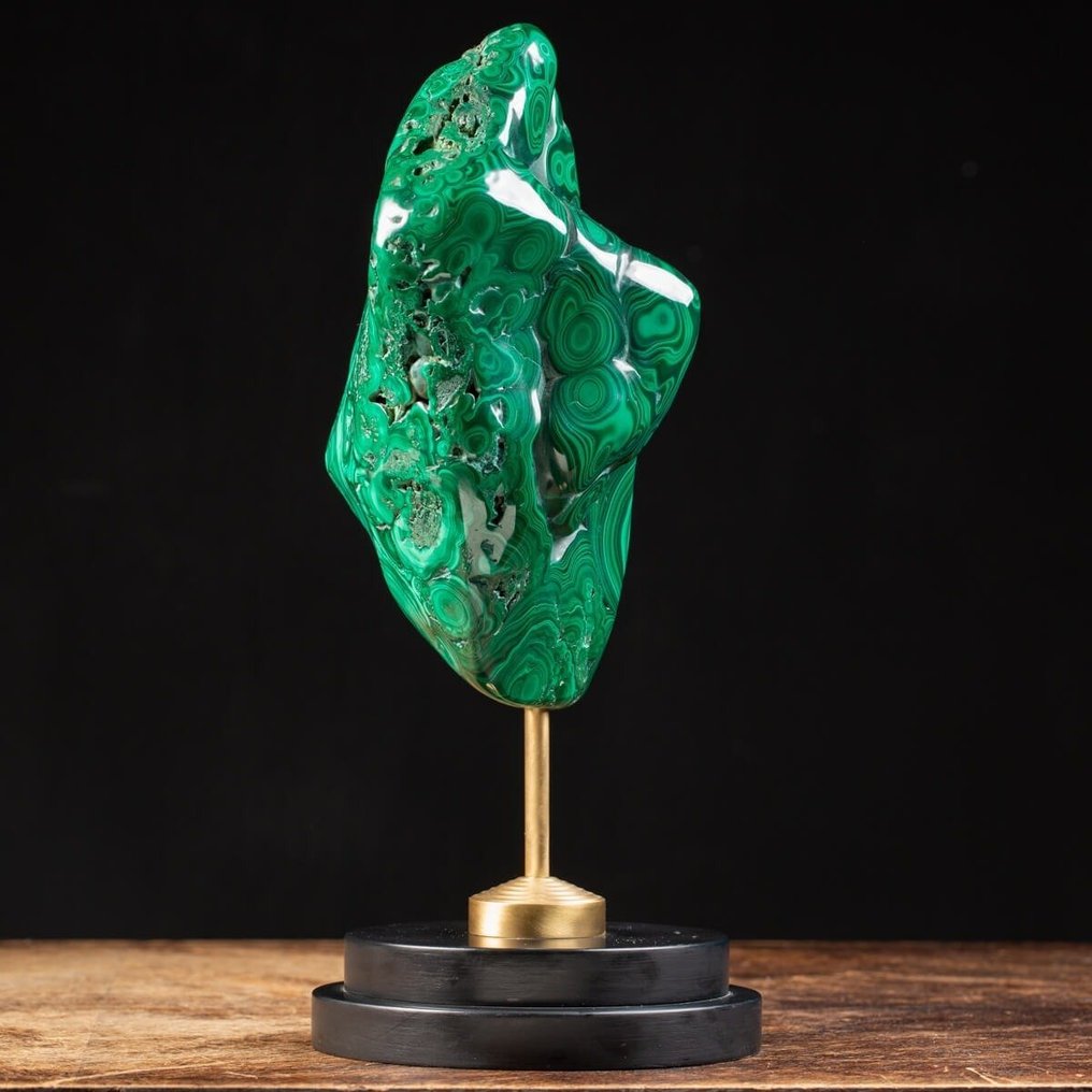 First Qualty Free Form Malachite - Wood and Brass Artistic Base - Katanga Mines - Altezza: 335 mm - Larghezza: 148 mm- 5700 g #3.2