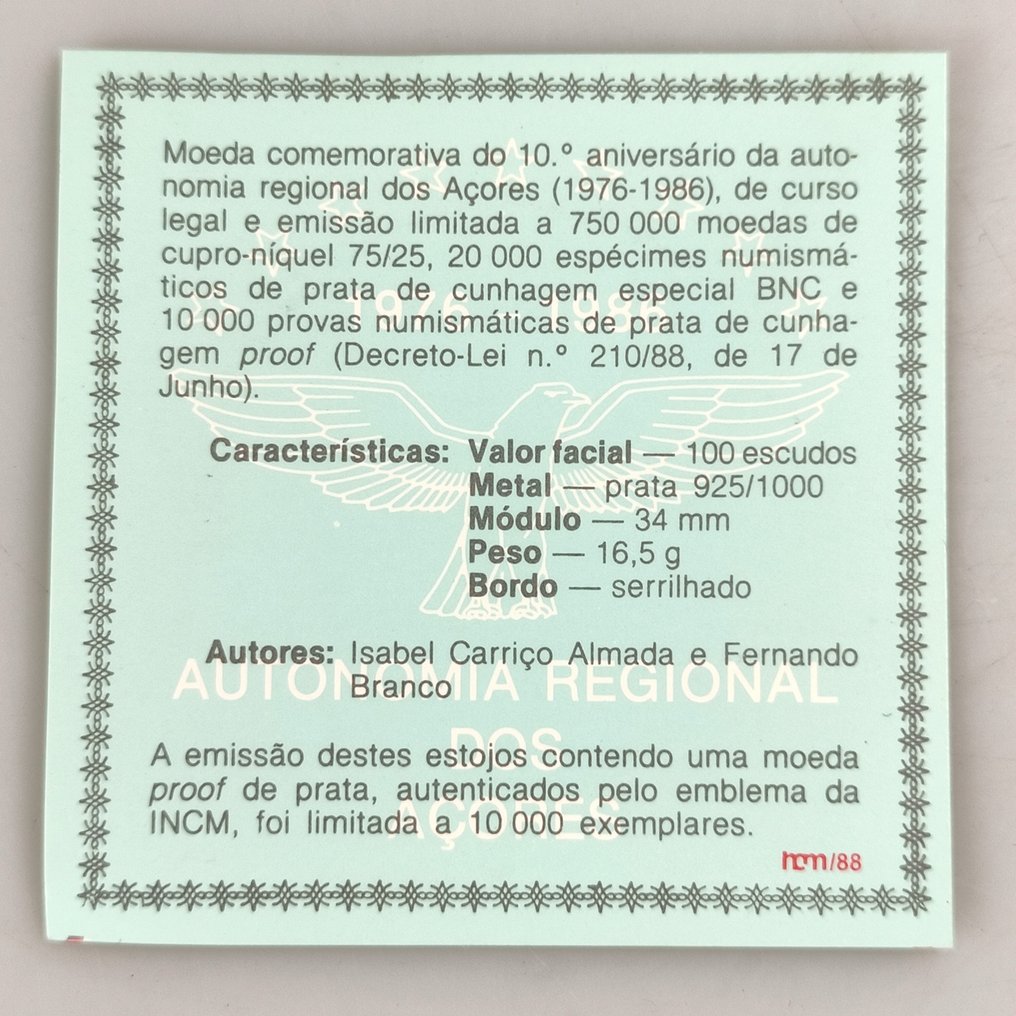 Portugal. Silver Proof 100 Escudos Coin - 10th Anniversary of Regional Autonomy (16,5g) 1986 "10th Anniversary of Regional Autonomy" Proof (No Reserve Price) #3.2
