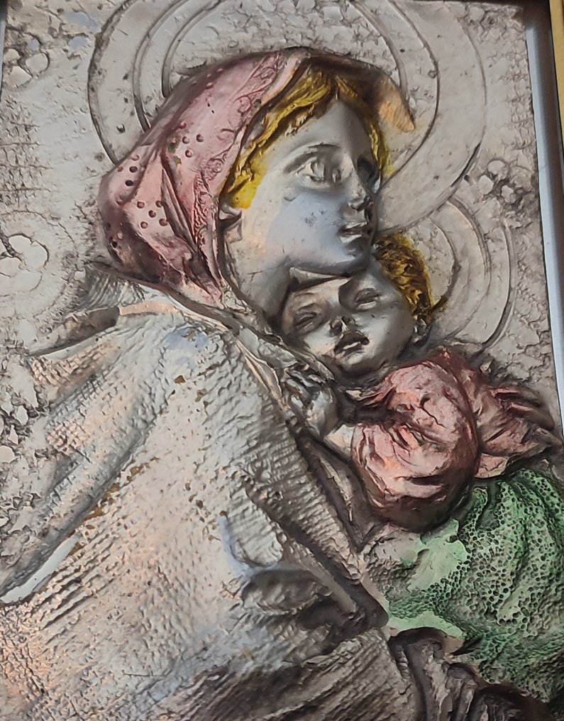 altorilievo grande , lussuoso in argento con stima e certificato - Simone Cois (01/1941 - 05/2016 ) - Blokkfaragás/ Dombormű, " Vergine Maria " - 48 cm - .925 ezüst #1.1