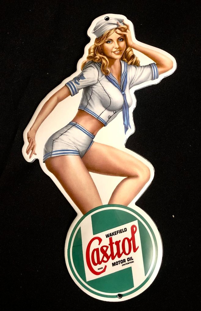 Castrol - 珐琅标志 - 嘉实多发动机油。迷人的复古海报女郎珐琅广告牌 - 搪瓷铁 #4.3