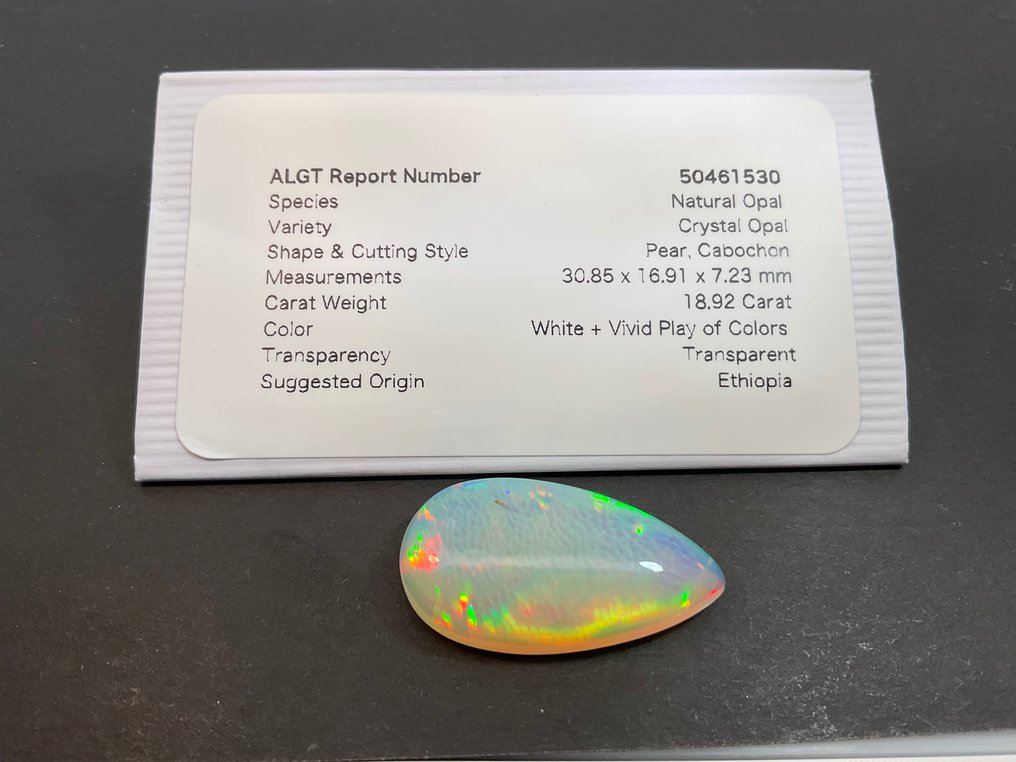White Opal  - 18.92 ct - Antwerp Laboratory for Gemstone Testing (ALGT) - Fine color quality #3.2