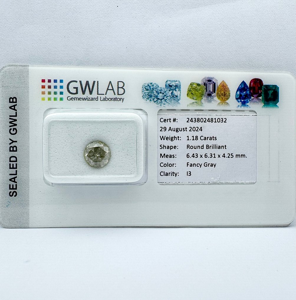 Sem preço de reserva - 1 pcs Diamante  (Colorido natural)  - 1.18 ct - Redondo - Fancy Cinzento - I3 - Gemewizard Gemological Laboratory (GWLab) #1.1