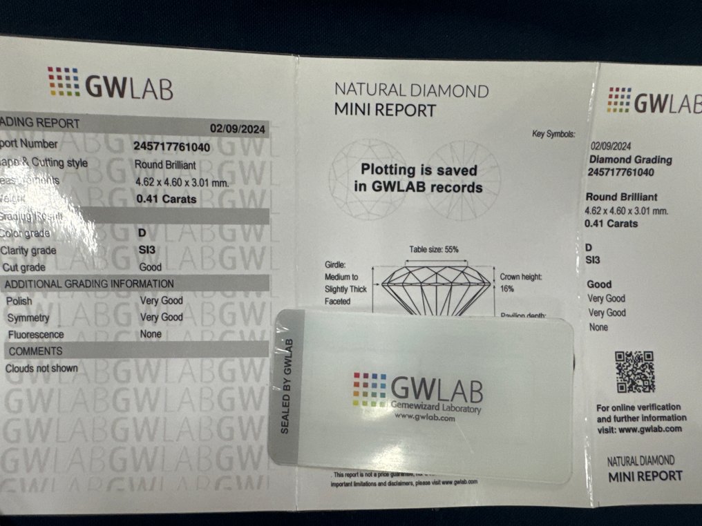 No Reserve Price - 1 pcs Diamond  (Natural)  - 0.41 ct - Round - D (colourless) - SI3 - Gemewizard Gemological Laboratory (GWLab) #1.2