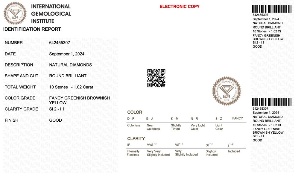 Ei pohjahintaa - 10 pcs Timantti  (Luonnonvärinen)  - 1.02 ct - Pyöreä - Fancy Rusehtava, Vihertävä Keltainen - I1, SI2 - Kansainvälinen gemologinen instituutti (IGI) #2.2