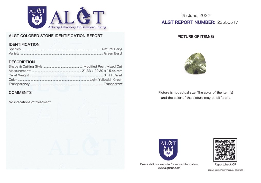 沒有保留價 綠柱石  - 31.11 ct - Antwerp Laboratory for Gemstone Testing (ALGT) - 淺黃綠色 #3.2