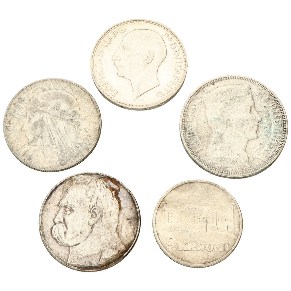 Europe de l'Est. 5 Lati, 2 Krooni, 10 Zloty & 100 Leva 1929/1936  (5 stuks)  (Sans Prix de Réserve) #1.1