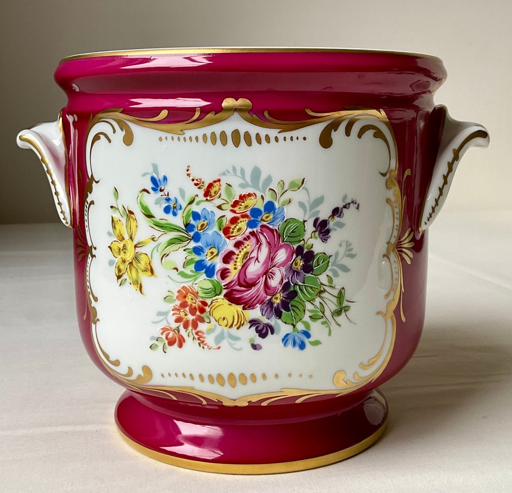 Porcelaine de Couleuvre , prestigieuse cache-pot met artisanale florale & vergulde beschilderingen - Jardinière - Porcelán #1.1